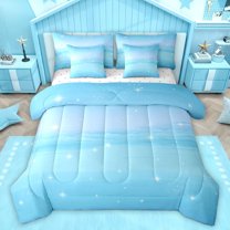 Homewish Dreamy Blue 7-Piece Bedding Comforter Set,Stars Pattern King Bedding Sets,Modern Minimalism Desgin Bed Sheets For Teens,Super Cozy Room Decor Reversible