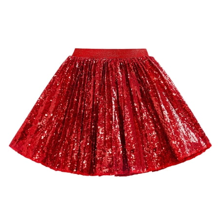 GiLiling Girls Sequin Mini Skirts Sparkly Flared Short Skirt with Elastic Waist Shiny Party Dance Skirt for Kids (Red 5-6 Years)