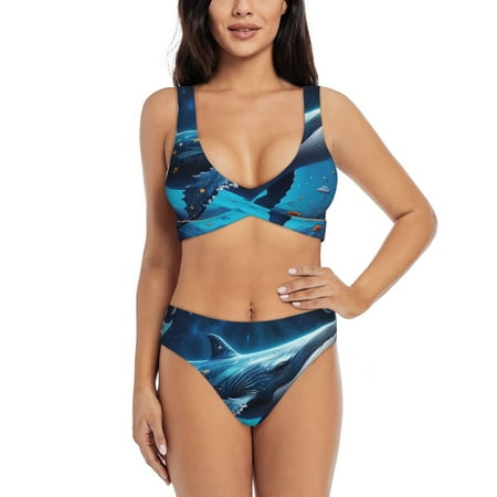 Zeuib Colorful Ocean Whale High Waisted Tummy Control Bikini Set - Knot Front Push Up Top & Cheeky Thong Bottom  Two-Piece Swimsuit for Women-X-Large