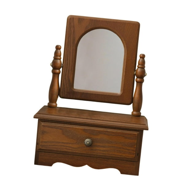 Escritorio de madera Espejo de maquillaje Mesa de madera Mirror de tocador Decoración de escritorio retro con caja de almacenamiento para mujeres