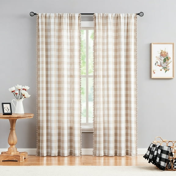 Exultantex Buffalo Check Window Drapes Pom pom Semi Sheer Curtains, 40"W x 84"Lx2, Rod Pocket, Taupe-White