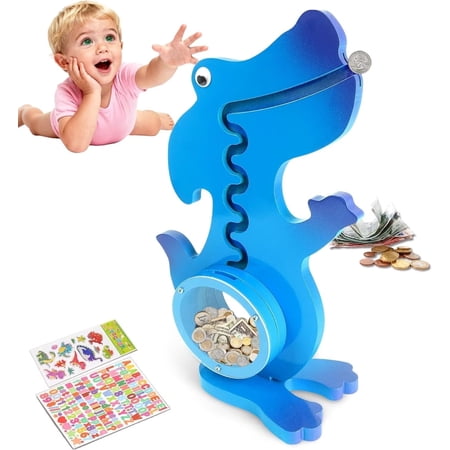 Heeneeso A4 Blue Wooden Dinosaur Piggy Bank Boalord for Clear Big Belly Animal Coin Bank for Toddler Real Money Toy Boys Kids Girls