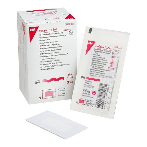 3M Medipore Pad Soft Cloth Adhesive Wound Dressing, Sterile, White, 2.375" x 4", 50 Count, 1 Pack