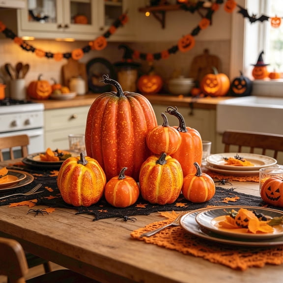 7 Large Orange Fake Pumpkin Fall Decorations, Artificial Pumpkins Harvest Faux Foam Pumpkins for Fall Autumn Halloween Thanksgiving Decorations Outdoor
