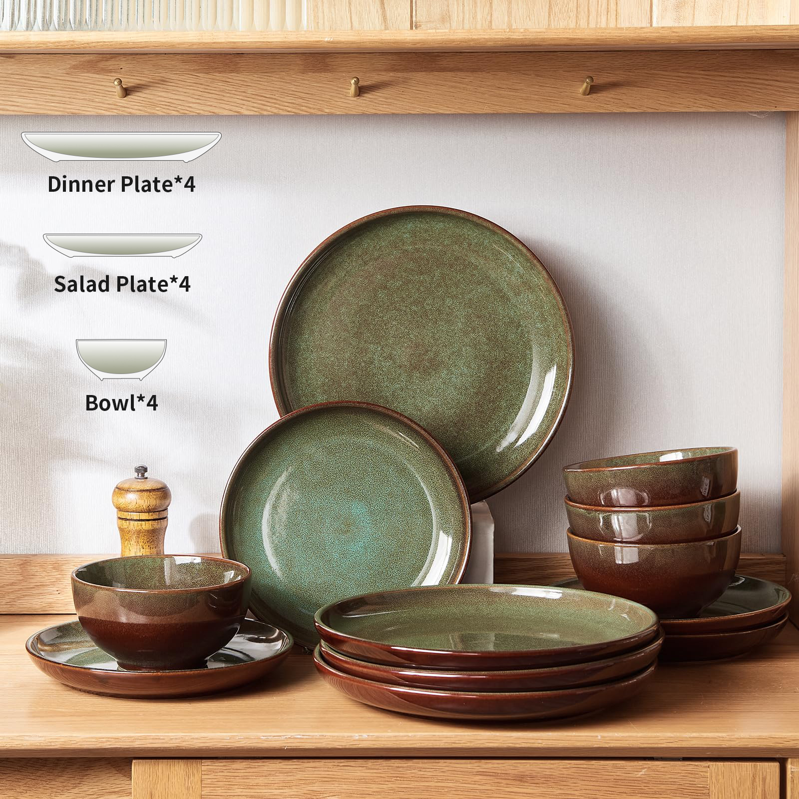 POKINI 12-Piece Stoneware Dinnerware Set, Brown Green photo 6