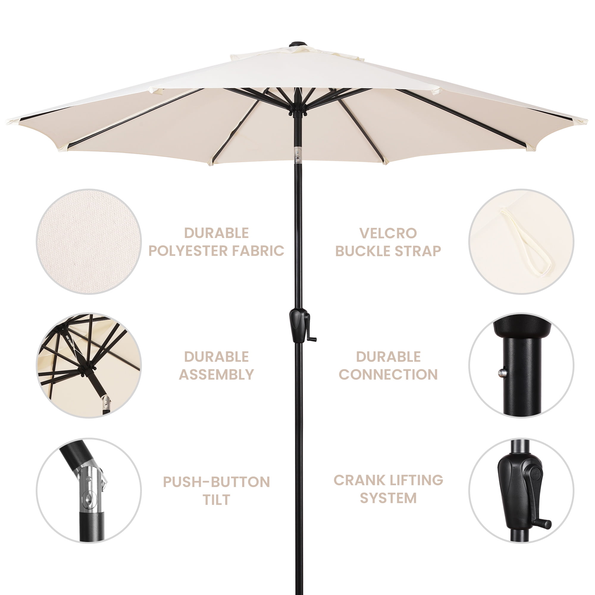 Sun-Ray 9 FT Patio Umbrella w/ Push Button Tilt and Crank Outdoor Umbrella, 8 Sturdy Ribs, UV Protection, Solution-Dyed Fabric, Creamy Beige