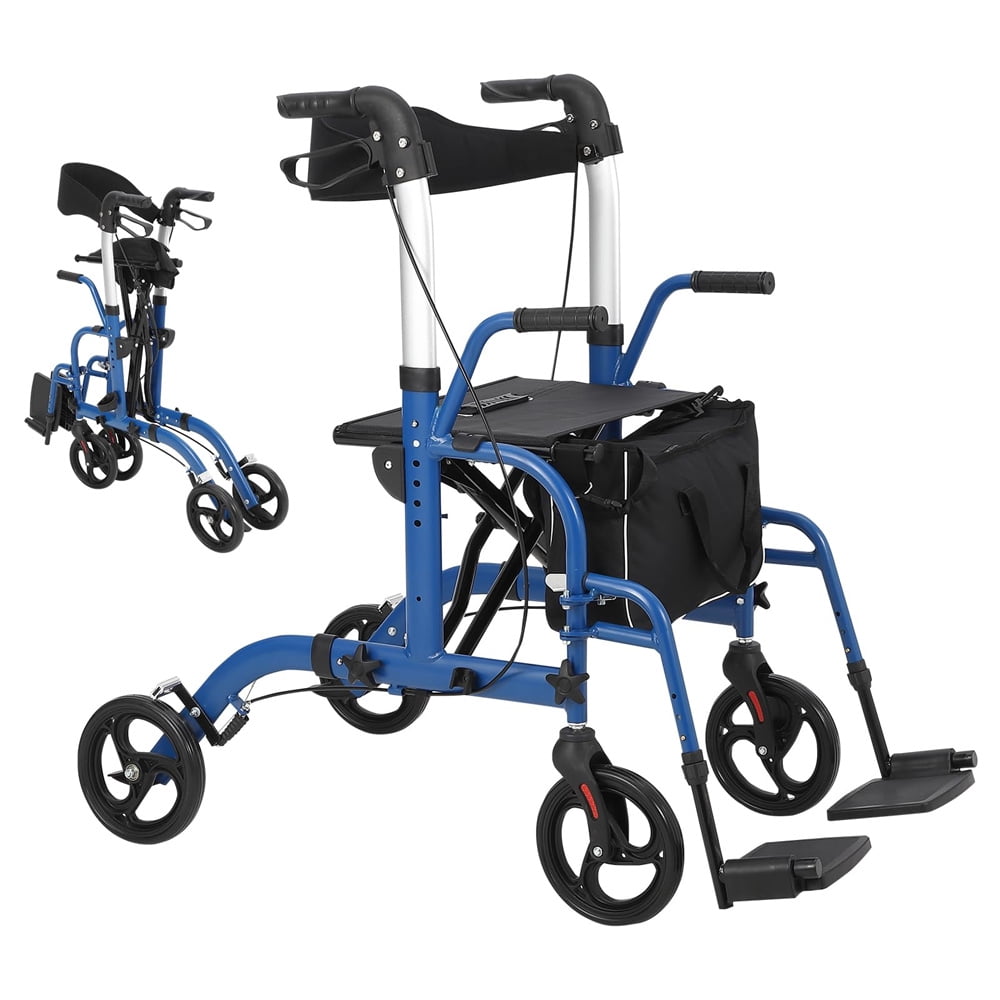 2 in 1 Rollator Walker & Transport Chair for Seniors with Seat, Folding Walker Wheelchair Combo, Transport Wheelchair All Terrain, Medical Walker for Adults with Brakes, Backrest, Footrest