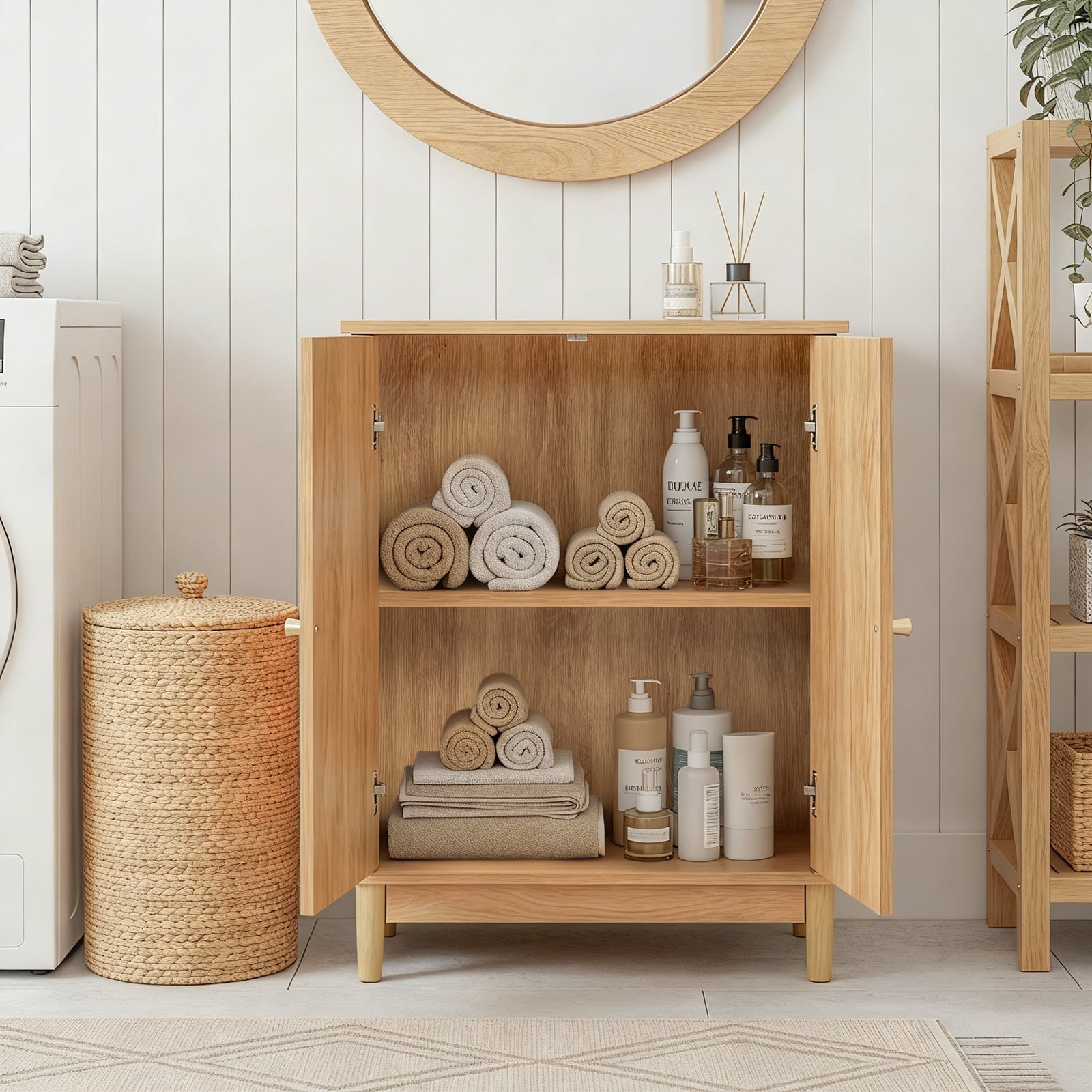 Ktaxon Bathroom Floor Cabinet Storage with 2 Doors and Adjustable Shelves, Rattan Finish