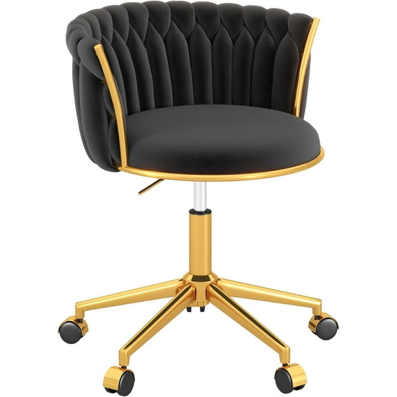 Velvet Woven Home Office Chair, Modern Swivel Desk Chair with Wheels, Height Adjustable Vanity Chair with Gold Metal Base and Hand Weaving Back for Bedroom Study Computer Room, Black