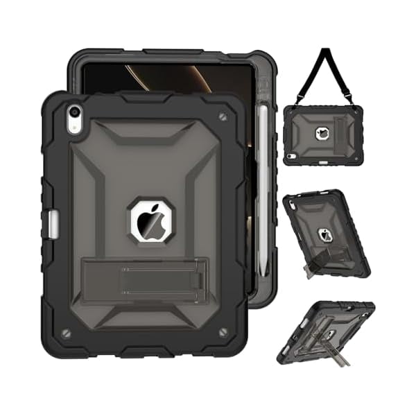 wonim11 TIMISM Case for iPad (A16) 11th/10th Generation(2025/2022) with Shoulder Strap, Kickstand and Pencil Holder, Translucent Hard PC Back Cover, Heavy Duty Shockproof Rugged Protective Case, Black