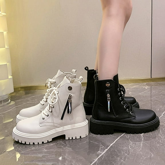 Boots Women Round Toe Chunky Heel Side Zipper Lace-up Ankle Boots Women's Casual Comfortable Boots Winter Outdoor Dressy Booties Shoes