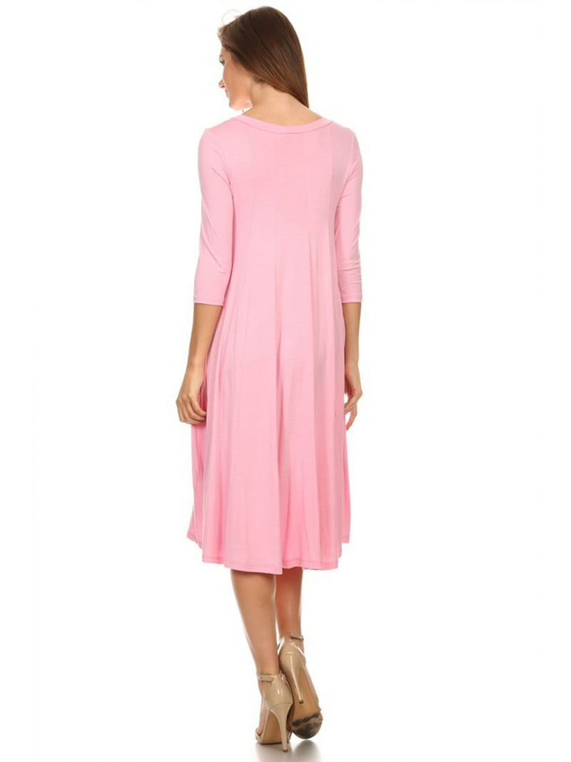 Women's Solid Casual Comfy 3/4 Sleeve Loose Fit A-line Midi Dress L Light Pink/Light Large