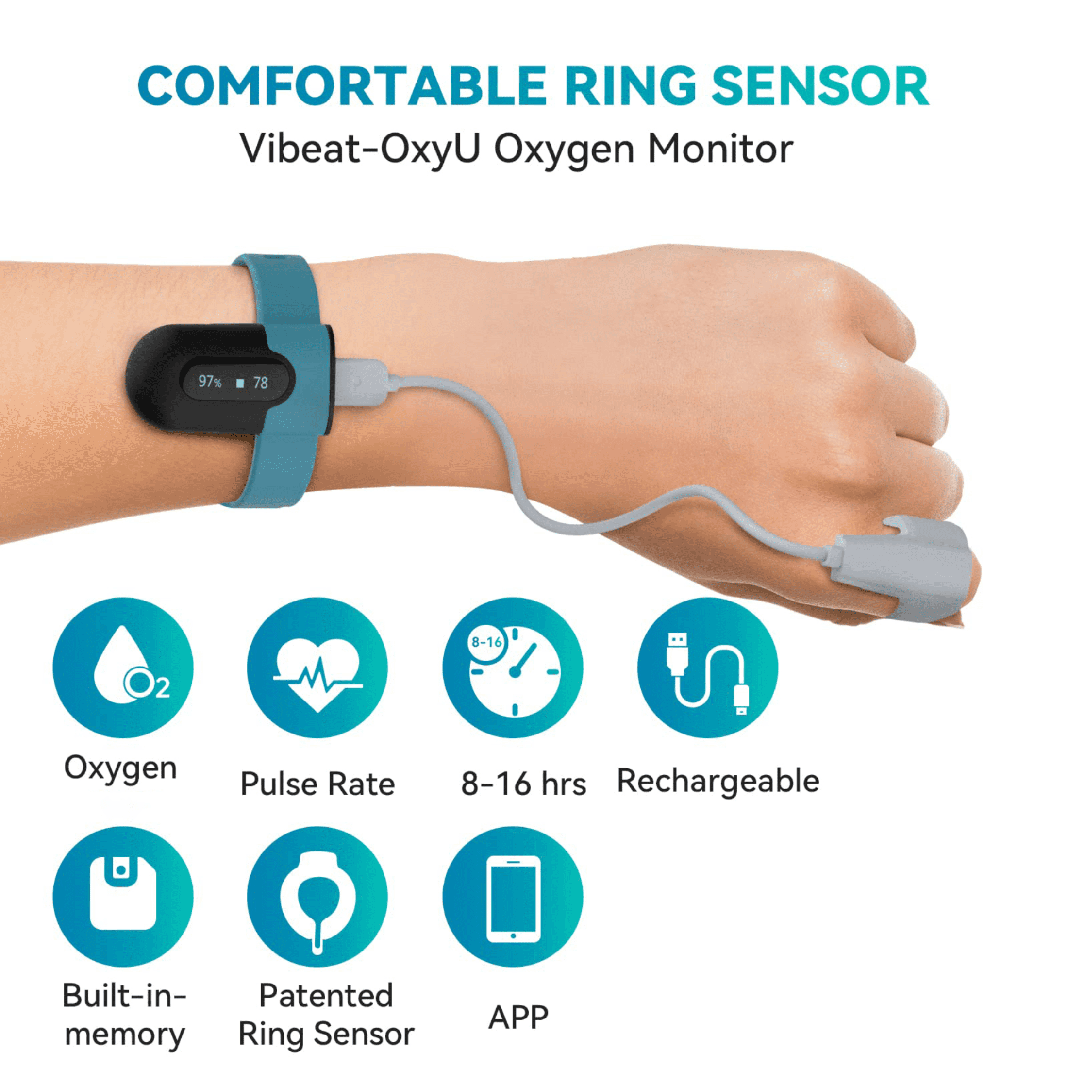 Open Box Vibeat Oxy U Wearable Wrist Pulse Oximeter, SPO2/HR Tracking, 16H Battery, Bluetooth, Free App - For Sports & Aviation
