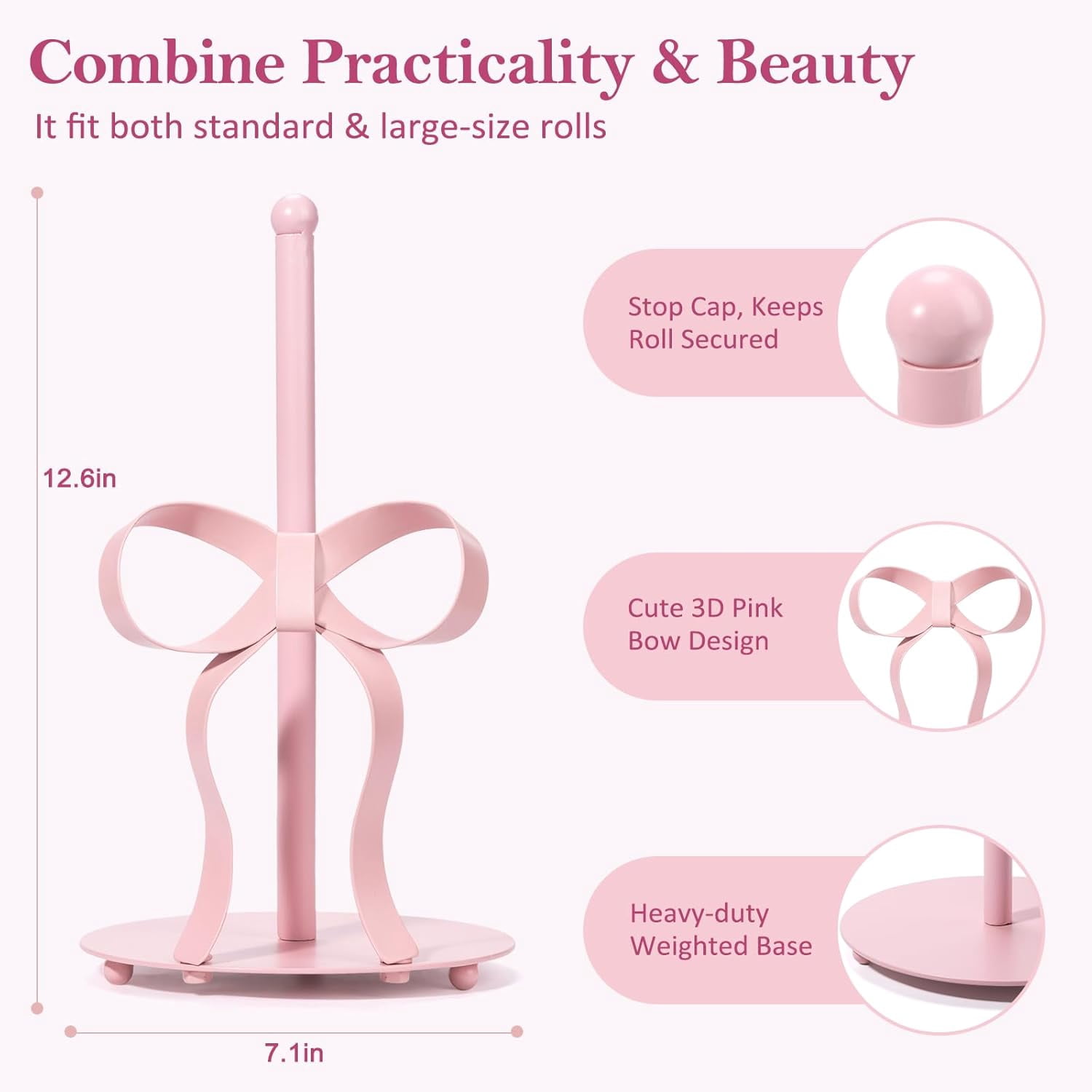 ThrottleT - Pink Bow Paper Towel Holder Coutertop - Bow Accent Paper Towel Holder, Pink Kitchen Decor and Accessories, Coquette Room Decor Girly Gifts for Women, 3D Handmade Pattern, Weighted Base