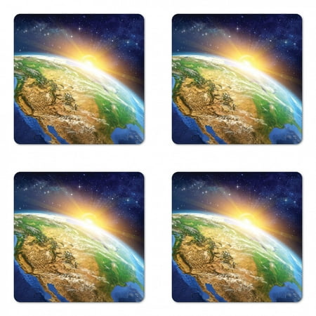 Outer Space Coaster Set of 4, Celestial View of Sunrise over the Planet Earth with Star Field Pacific Ocean, Square Hardboard Gloss Coasters, Standard Size, Multicolor, by Ambesonne