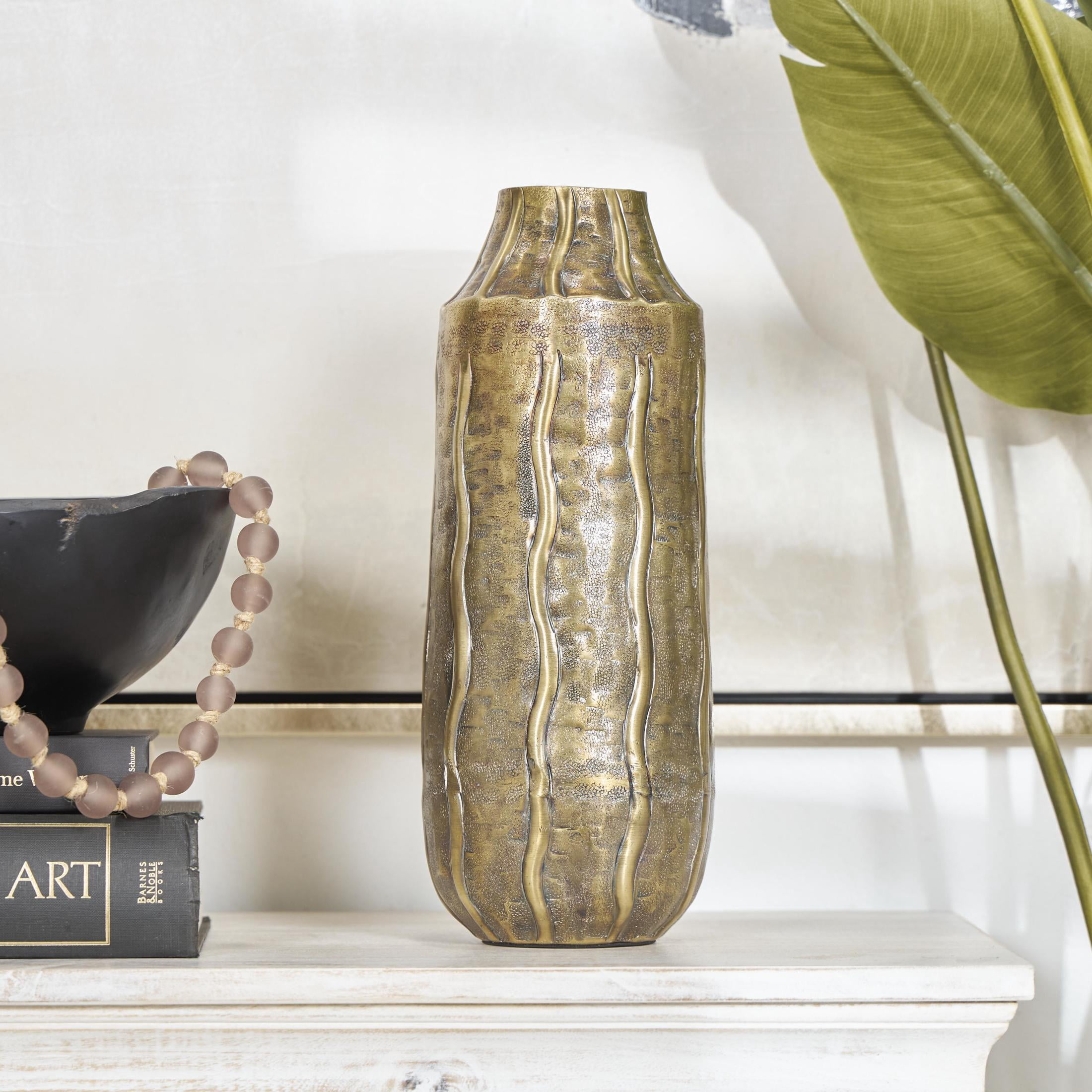 DecMode 14" Snakeskin Inspired Brass Metal Vase with Dimensional Wavy Accents
