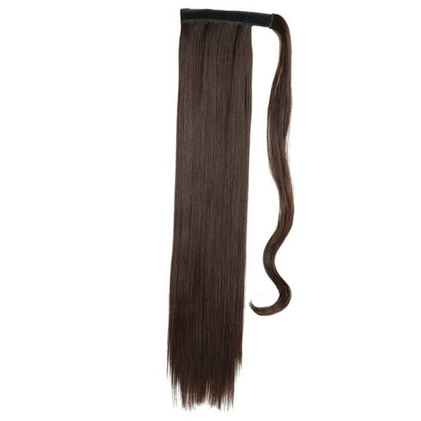 Coleta de pelo liso, extensiones de cabello largo marrón envolventes, cola de caballo para niñas de 21,7 pulgadas