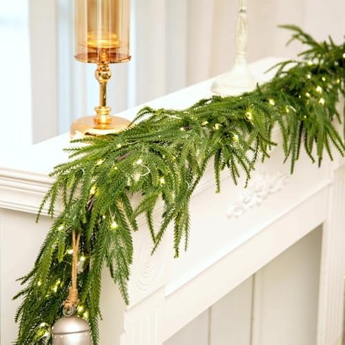 6FT Pre-Lit Artificial Norfolk Pine Garland with 50 LED Lights – Real Touch Christmas Greenery Garland for Fireplace, Mantel, Doorway, Holiday Indoor Decor