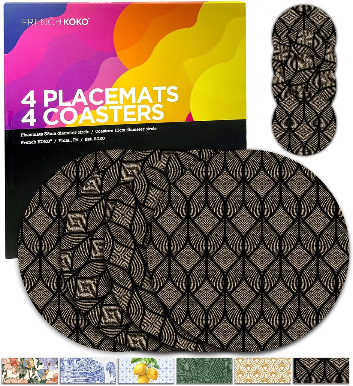 French KOKO 8 pc Round Heat Resistant Cork Placemats and Coasters for