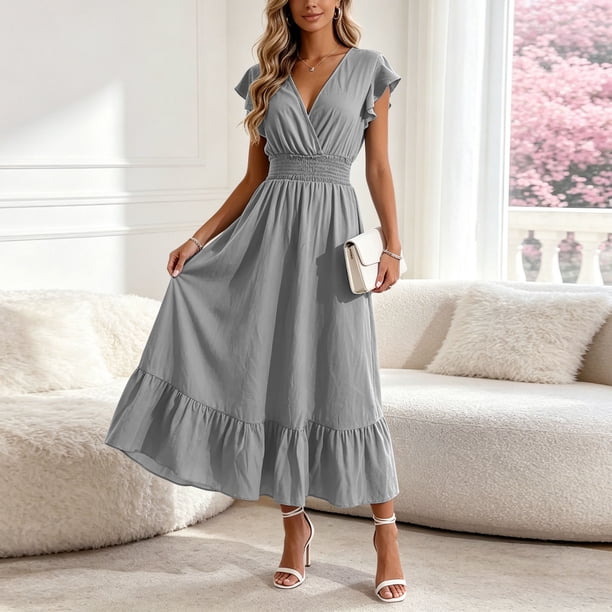 vigerkar Women's Summer Wrap Maxi Dress Short Ruffle Sleeve V Neck High Waist Pleated Hem Flowy Long Sundress (Grey, 3XL)