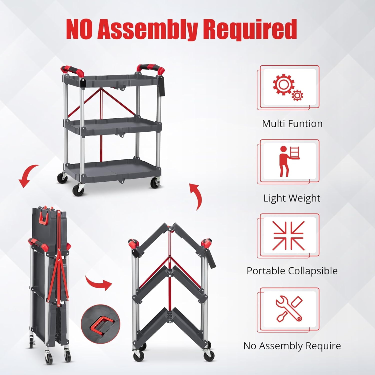 Folding Utility Service Cart, Collapsible Cart with Wheels, 3 Tier Rolling Utility Cart, Folding Cart with Wheels Collapsible, Service Cart for Tool, Grocery, Kitchen, Office