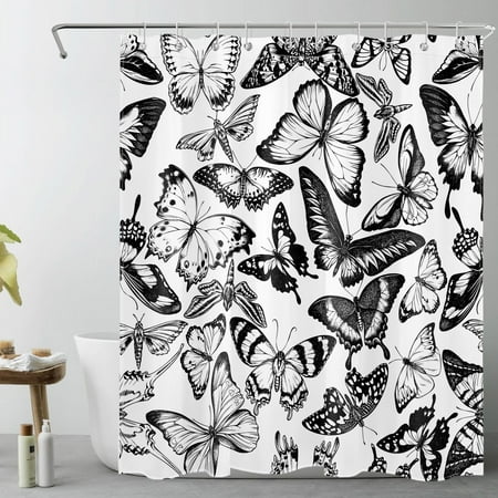 HVEST Boho Butterfly Shower Curtain for Bathroom, Black and White Natural Wildlife Insect Bathroom Curtain,Vintage Butterfly Print Waterproof Fabric Bath Curtain with Hooks,60X 72 Inches