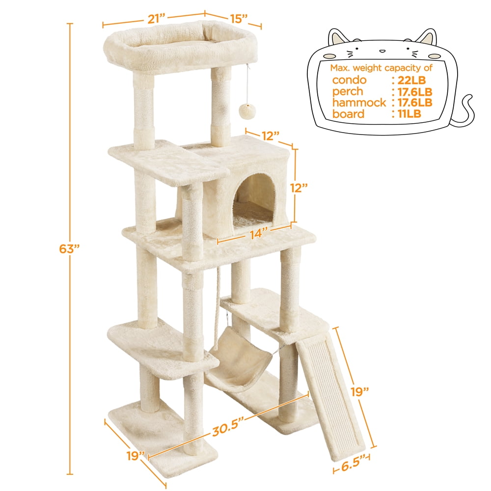 Alden Design 63″H Cat Tree Large Hammock Scratching Posts Cat Tower Indoor Cats Multilevel Plush Cat Tree