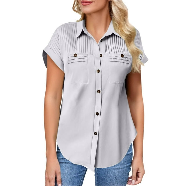 Breezora Unique Ladies Short Sleeve Shirt with a Detailed Buttoned Lapel and Functional Pleated Pocket Design Offering a Smart Casual Look for Work or Leisure XXL Size Grey