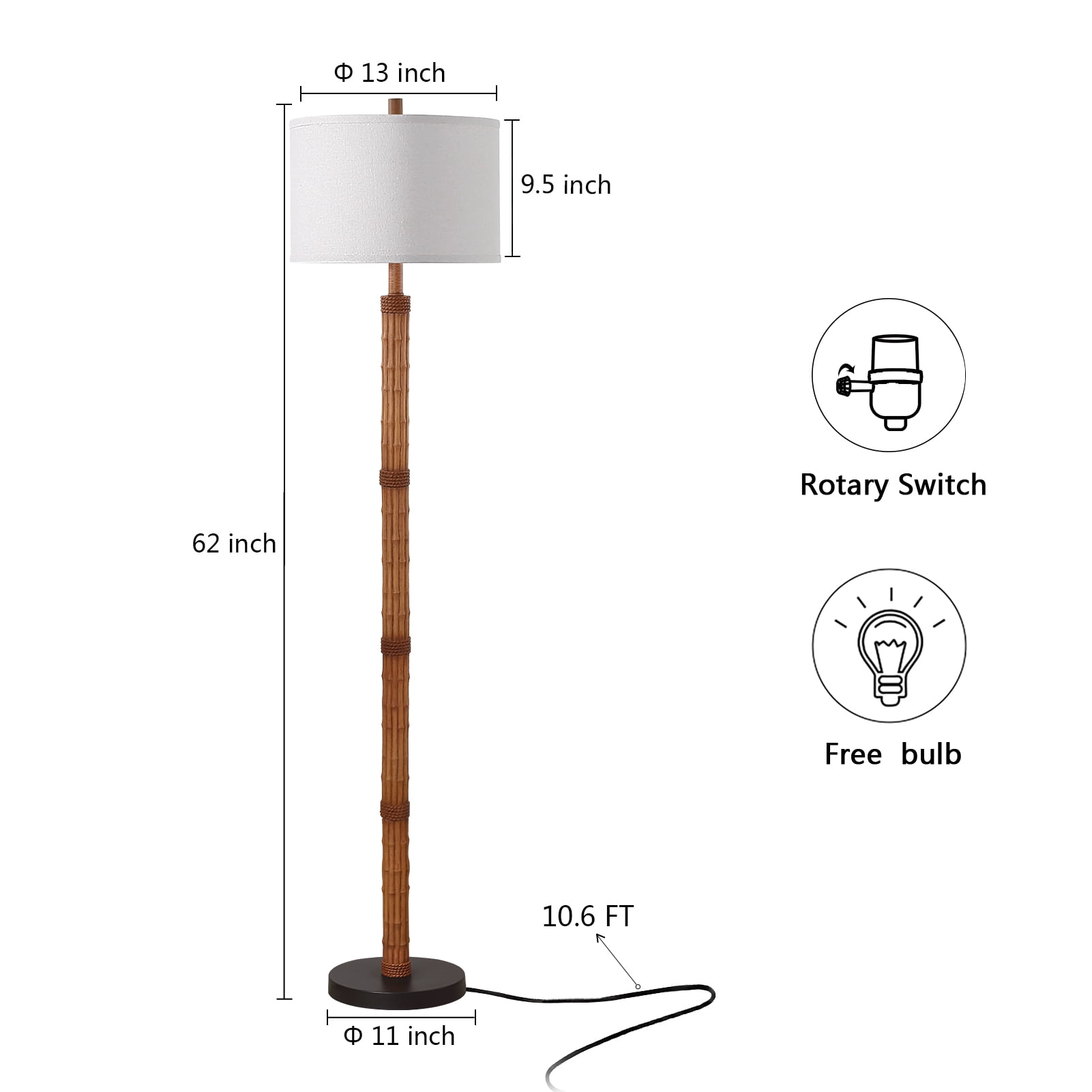 RORIA 63" Bamboo Stripe Floor Lamp, Modern Farmhouse Style Standing Lamp Featuring a Knob Switch and a Linen Shade, Suitable for Living Rooms, Bedrooms, and Offices