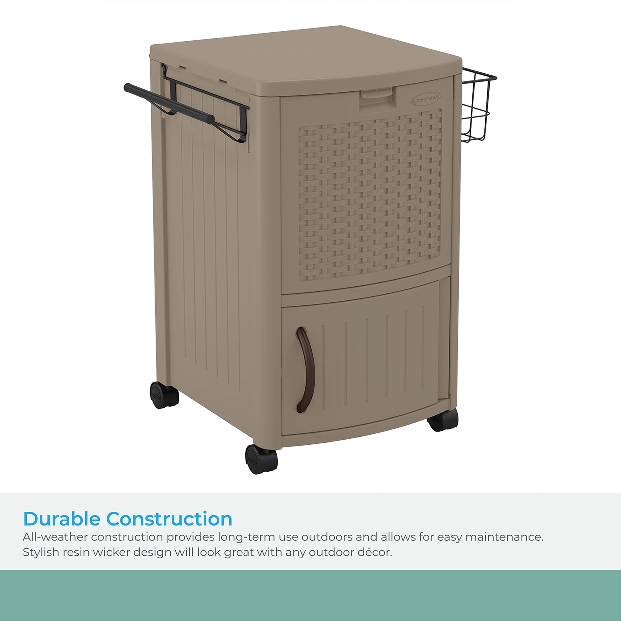 Suncast Wicker Outdoor Patio Cooler Cart with Cabinet, Java Brown