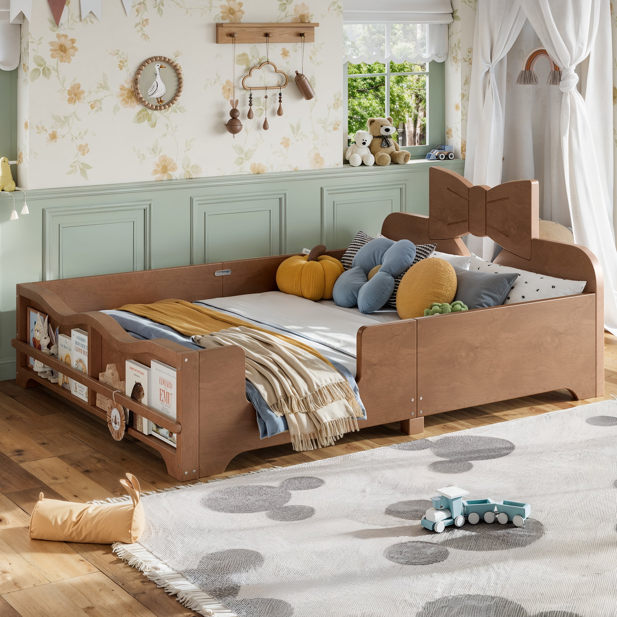 Leumius Full Platform Bed,Modern Wood Frame Bed with Full Surround Guardrails & Built-in Side Bookshelf for Kids Room,No Box Spring Needed,Deep Natural