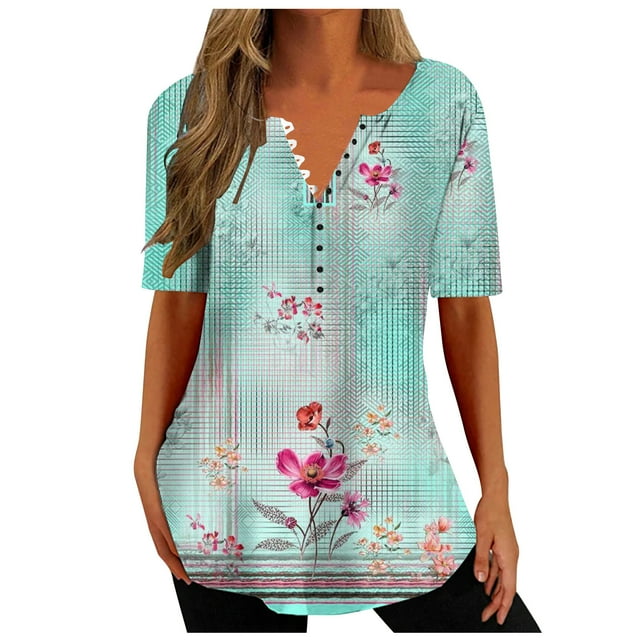 Birdeem Haut Décontracté pour Femme à Col en V Imprimé, Ample, à Manches Courtes, Haut/chemise à Manches Courtes à Col en V