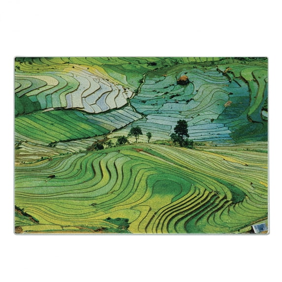 Landscape Cutting Board, Aerial Vista Photo of Nature Scenery Abstract Fields with Rocks and Trees Print, Decorative Tempered Glass Cutting and Serving Board, in 3 Sizes, by Ambesonne