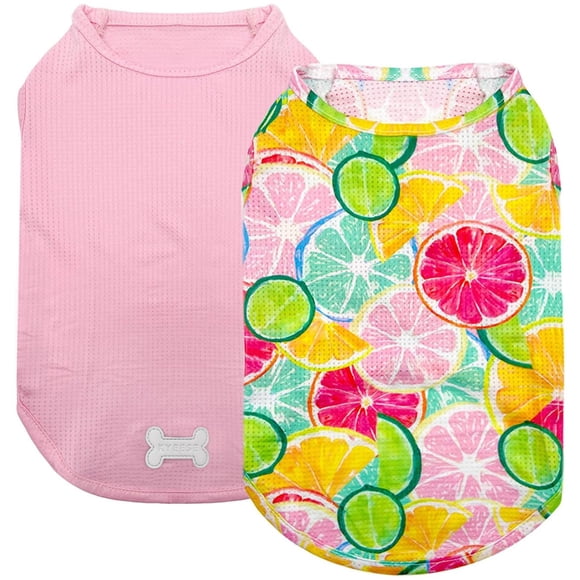 KYEESE 2 Pack Dog Shirts for Medium Dogs Quick Dry Breathable Pet T-Shirts with Reflective Label Tank Top Sleeveless Vest Sun Protection Dog Apparel Lemon Pattern for Summer,XX-Large,Lemon+Pink
