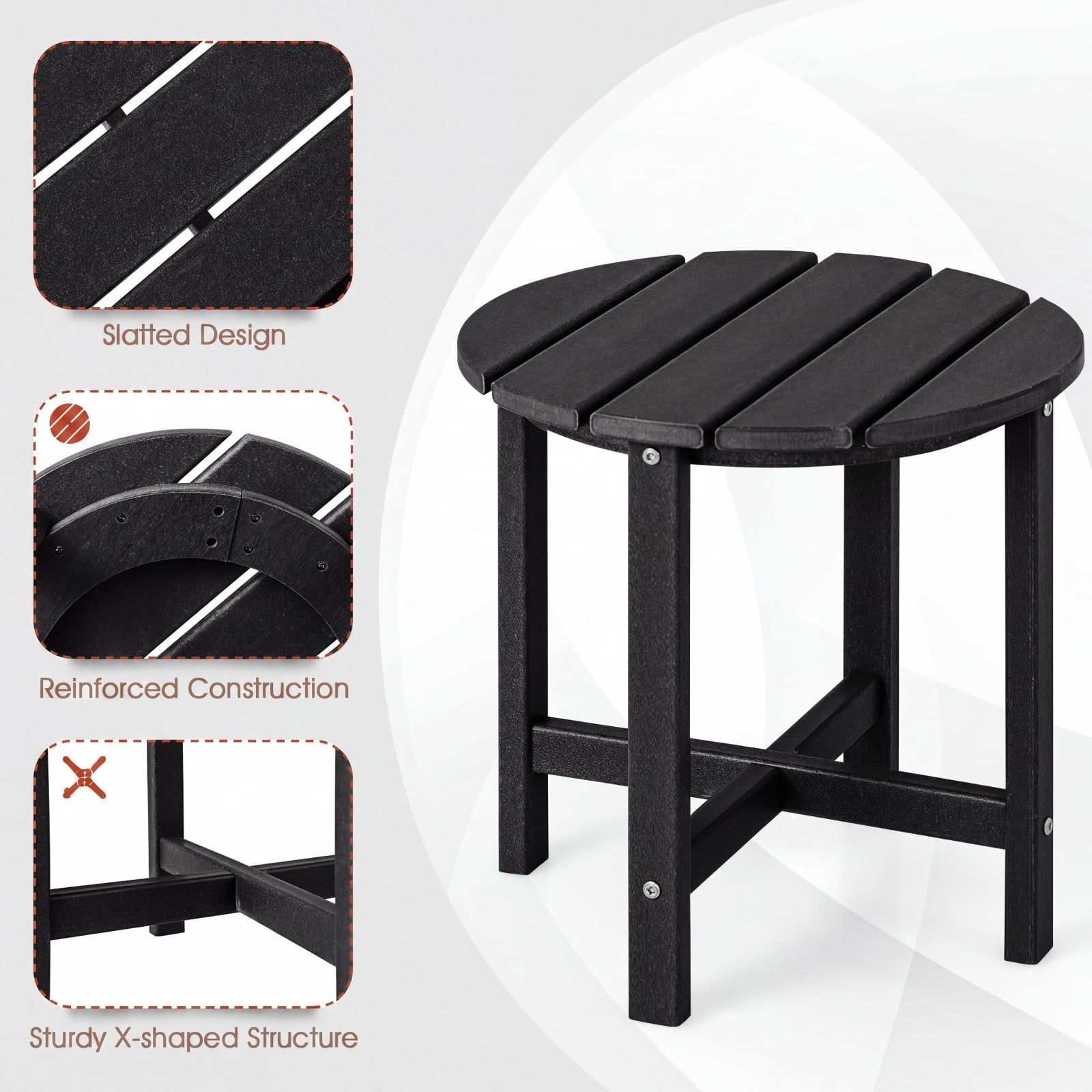Furnibear Set of 2 18 Inch Round Weather Resistant Adirondack Side Tables with Slatted Top and HDPE Build for Patio Poolside and Garden, Black