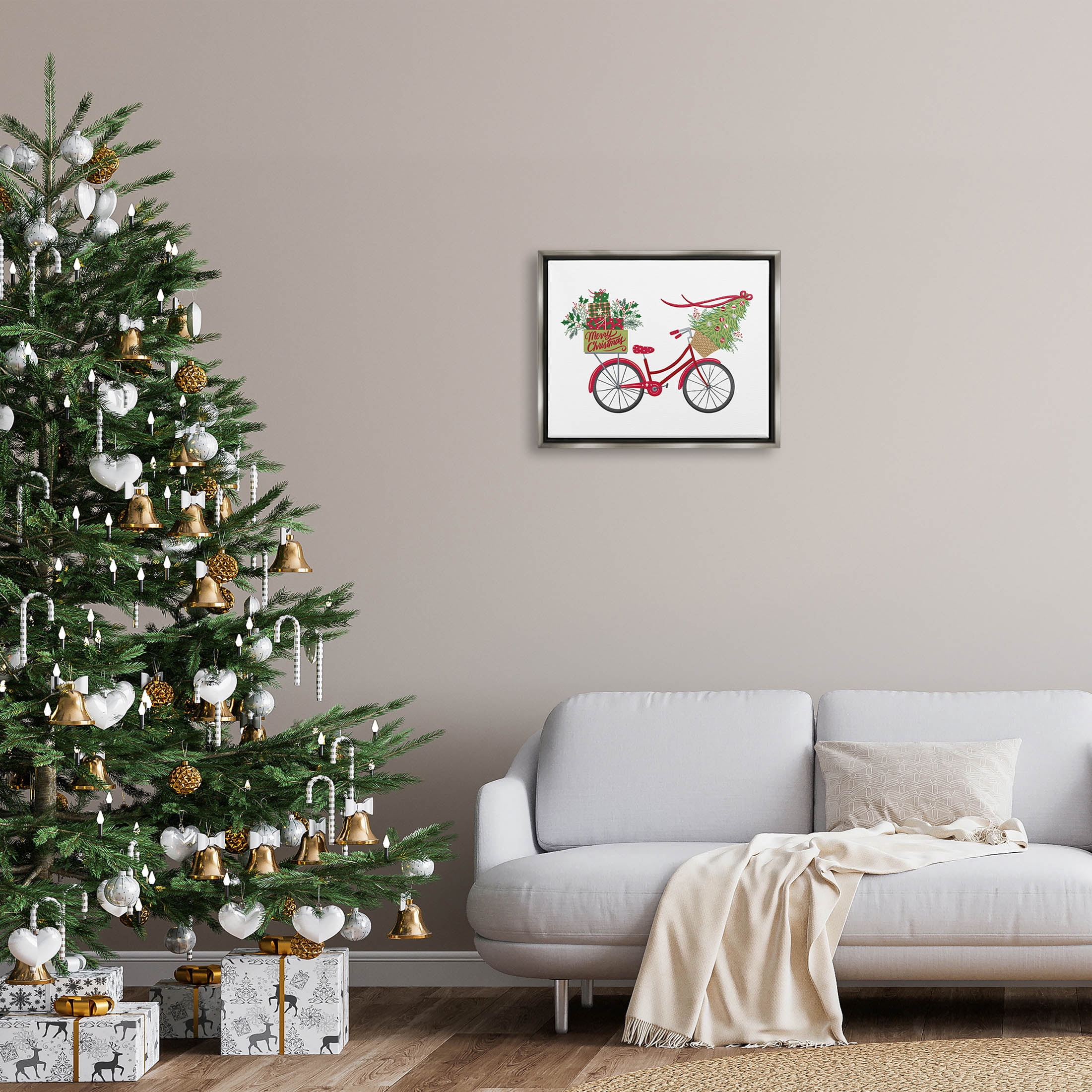 Stupell Industries Merry Christmas Seasonal Bicycle Graphic Art Luster Gray Floating Framed Canvas Print Wall Art, Design by Amanda McGee