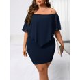 thumbnail image 3 of Navy Blue Plus Size Off-Shoulder Fitted Mini Dress With Sheer Flounce Overlay, 3 of 7