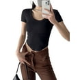 thumbnail image 2 of Biekopu Women's Summer Skinny Crop Tops Solid Color Short Sleeve U Neck Irregular Hem T-shirt, 2 of 7