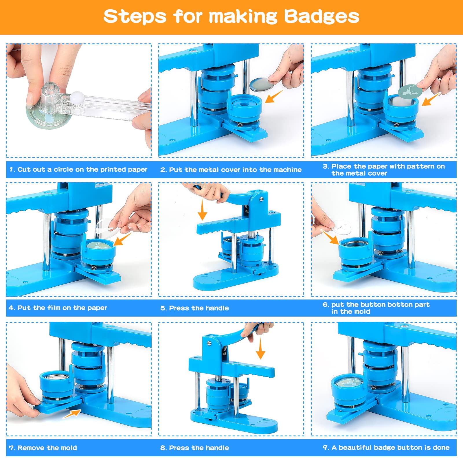 Maxmartt DIY Button Maker Machine Multiple Sizes 300Pcs,Pin Badge 1+1.25+2.25" (Blue, 25/32/58mm)