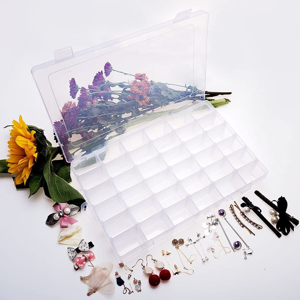 36 Grids Plastic Bead Storage Box, 10.83x6.89x1.78inch Big Large Size Clear  White Earring Organizer Jewelry Storage Boxes with Adjustable Dividers