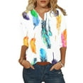 thumbnail image 4 of ZMHEGW T Shirts For Women Loose Fit Flower Feather Printing Buttons O Neck Three Quarter Sleeve Tops Blouse Womens Tshirts, 4 of 5