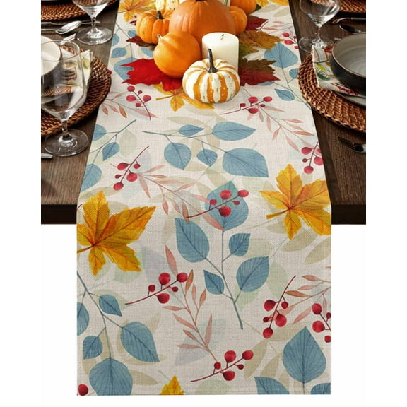 Orange Maple Leaf Table Runner-Cotton Linen- 90 Inch Holiday Dresser Scarves, Blue Thanksgiving Fall Fruits Retro Beige Tablerunner for Kitchen Coffee/Dining Living Room Dinner Scarf Décor 13x90