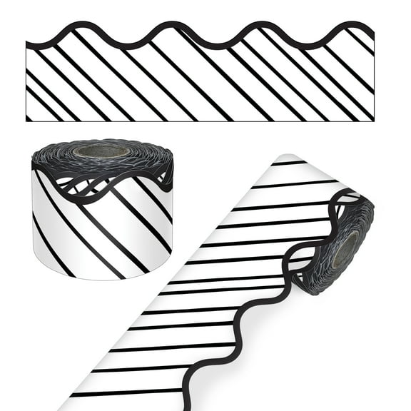 Carson Dellosa 65' Black & White Stripes Rolled Scalloped Bulletin Board Borders (1 roll)
