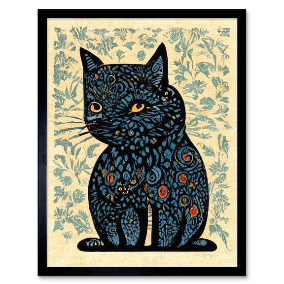 William Morris Floral Blue Cat Illustration Art Print Framed Poster Wall Decor 12x16 inch