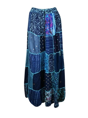 Mogul Women Blue Patchwork Long Skirt Vintage Printed Rayon Elastic Waist Swing Long Summer S/M