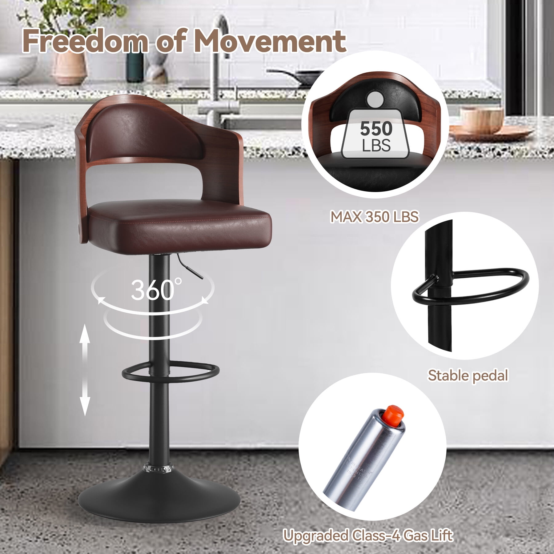 Hawsaiy Wooden Bar Stools Set of 4, Adjustable Height 24.5-33.5IN, Wooden Bar Chairs with PU Leather Upholstery, Back & Footrest for Kitchen, Dining, and Home Bar