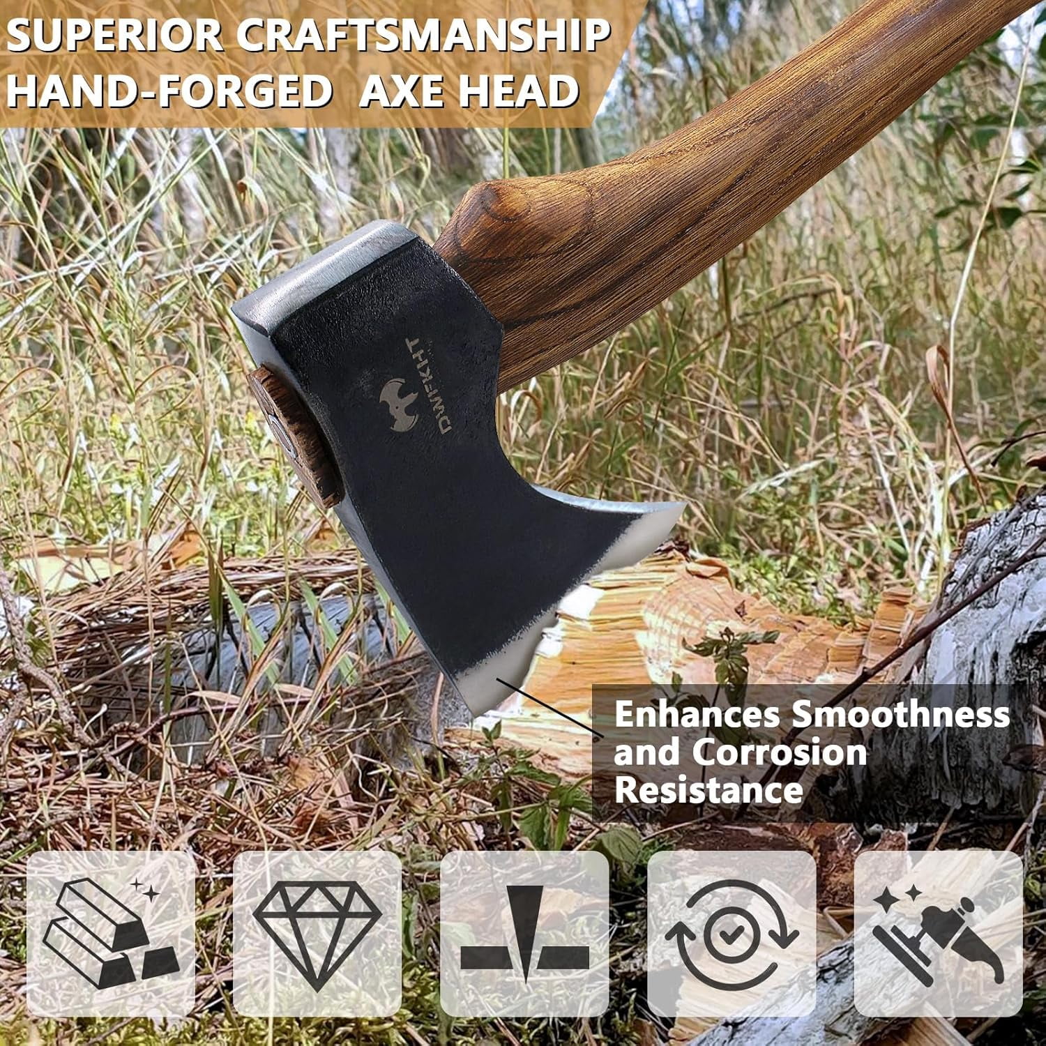 DWFKHT 15.7"  Hatchet Axe, Camping Hatchet with Sheath, Beech Handle for Wood Chopping and Outdoor Survival