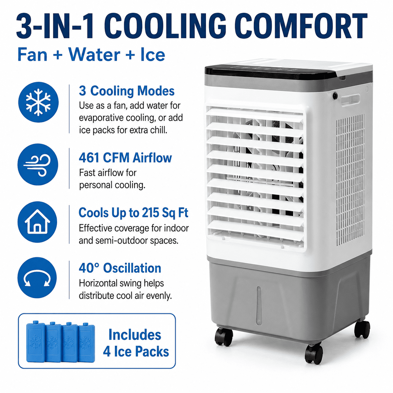 Alvantor 3 in 1 Portable Evaporative Air Cooler, 461 CFM Swamp Cooler Fan with Remote, 5.28 Gal Tank, 12H Timer, Gray and White