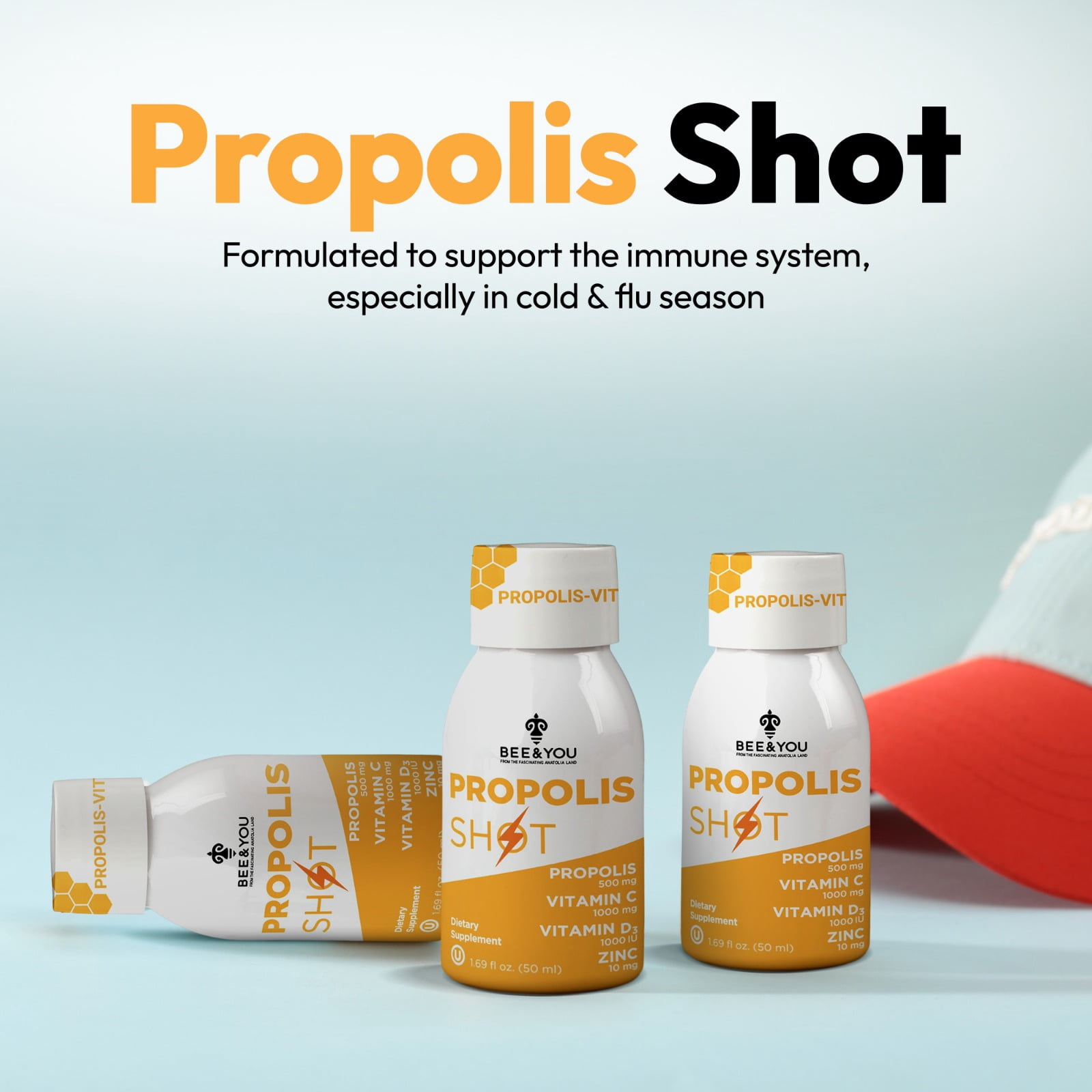 BEE&YOU Propolis Shot, Bee Propolis with Vitamin C D3 Zinc, Anatolian Propolis Extract, Raw Honey & Natural Orange Juice, Non-GMO