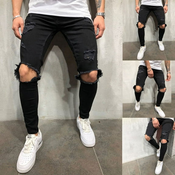 Isvgxsz New Denim Pants for Men Men Pure Color Hole Vintage Wash Hip Hop Work Trousers Jeans Pants Skinny Pants Men Full Length Pants Jeans Black L